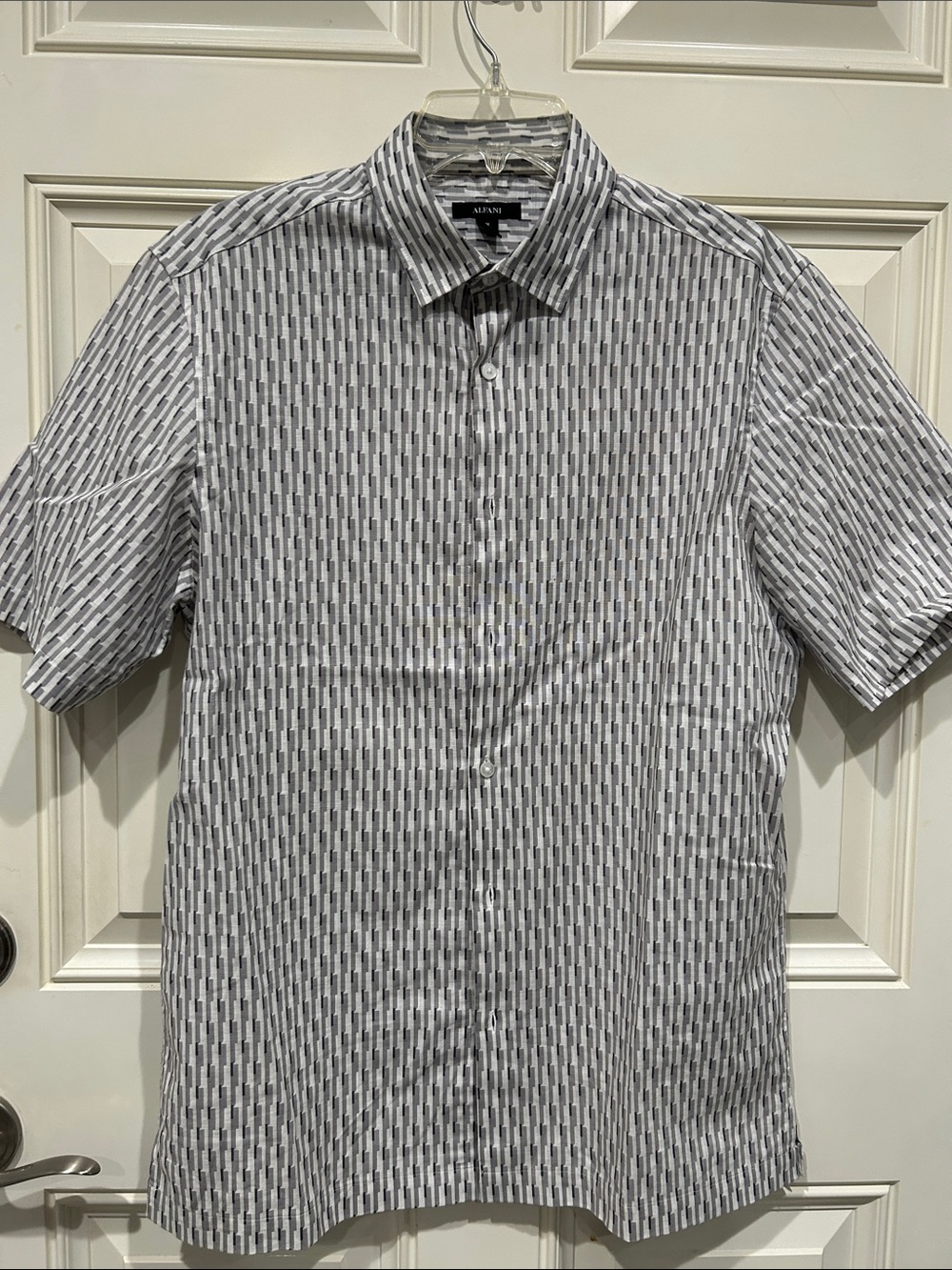 Alfani Men’s Short-Sleeve Button-Down Shirt - White & Gray Vertical Pattern